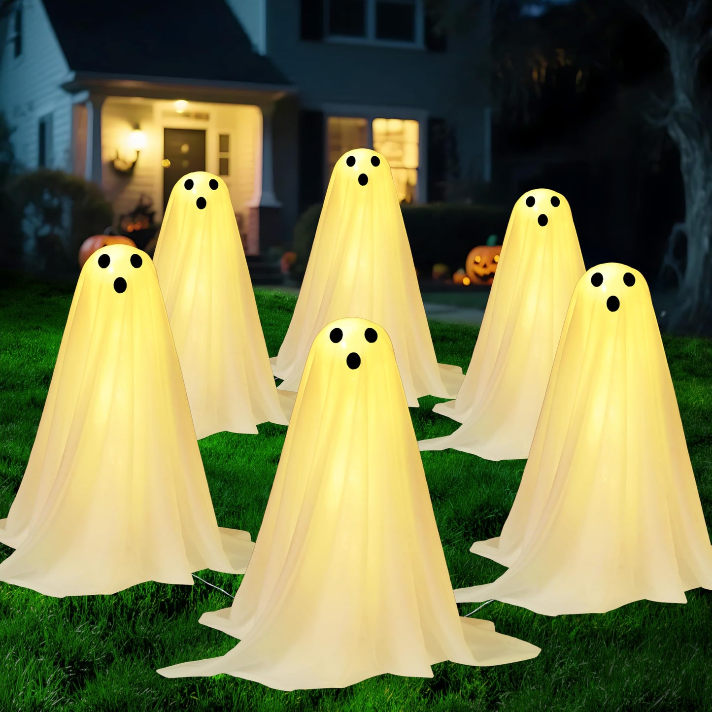 JOYIN 3 Pcs Halloween Decorations Outdoor Ghosts Pathway Lights, 18” White Cloth Ghost with White Light Up Yard Stakes for Graveyard Yard Lawn Garden Prop, Party Decor Supplies