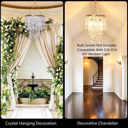 Vectolum Crystal Beaded Chandelier Shade, Gold Lamp Shade with Multi-Tiered Crystal Droplet Strands, Decorative Pendant for Home Decor, Wedding Centerpieces & Parties, 9.65 x 11.8 Inch