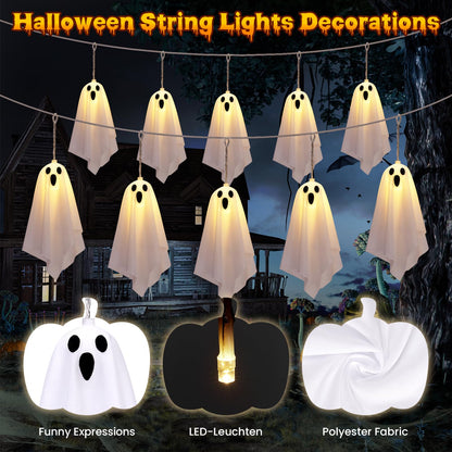 Halloween Ghost Decor, 10 Pcs Spooky Ghosts String Lights Battery Operated, 8 Lighting Mode, Light up Ghost Garland, for Mantle, Fireplace, Window, Porch, Party Indoor Outdoor Decor