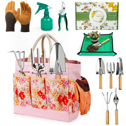 SLARMOR Garden Tool Set, 10 PCS Gardening Essentials, Stainless Steel Garden Hand Tools with Tote Bag, Well-Designed Gardening Supplies Kit Gifts for Women Men Gardeners