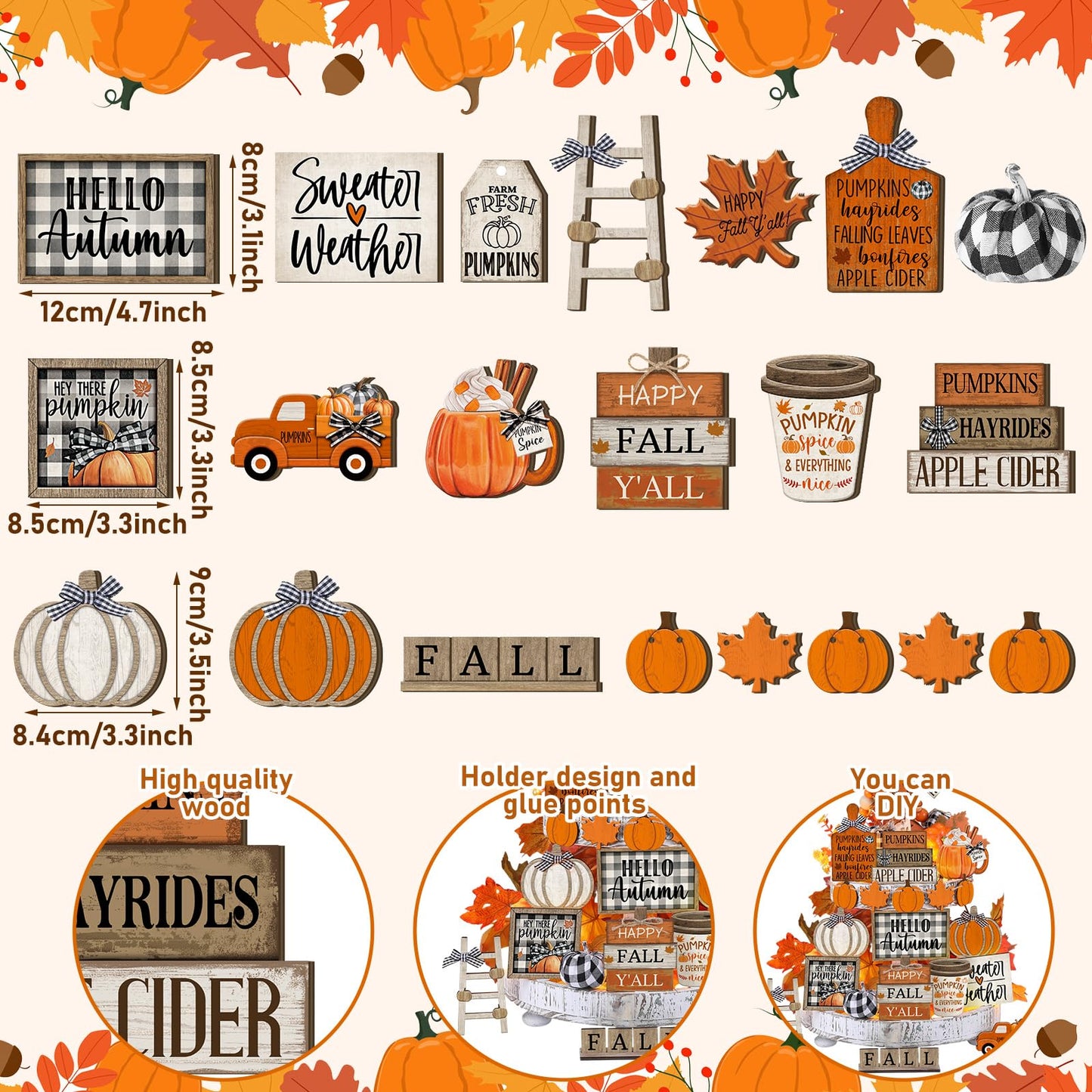 DoubleFill 21 Pcs Fall Thanksgiving Tiered Tray Decoration Set Thanksgiving Table Sign Pumpkins Farmhouse Gnome Maple Leaves Centerpieces Harvest Wood Blocks Signs Fall Block Tabletop for Autumn