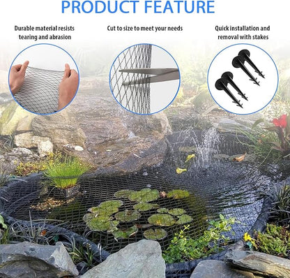 Koi Pond Netting Kit 20 x 40 FT, 3/8" Heavy Duty Woven Mesh Pond Net Cover for Leaves with 12 Stakes, HDPE Pool Netting Protecting Fish from Herons Birds Cats, Black