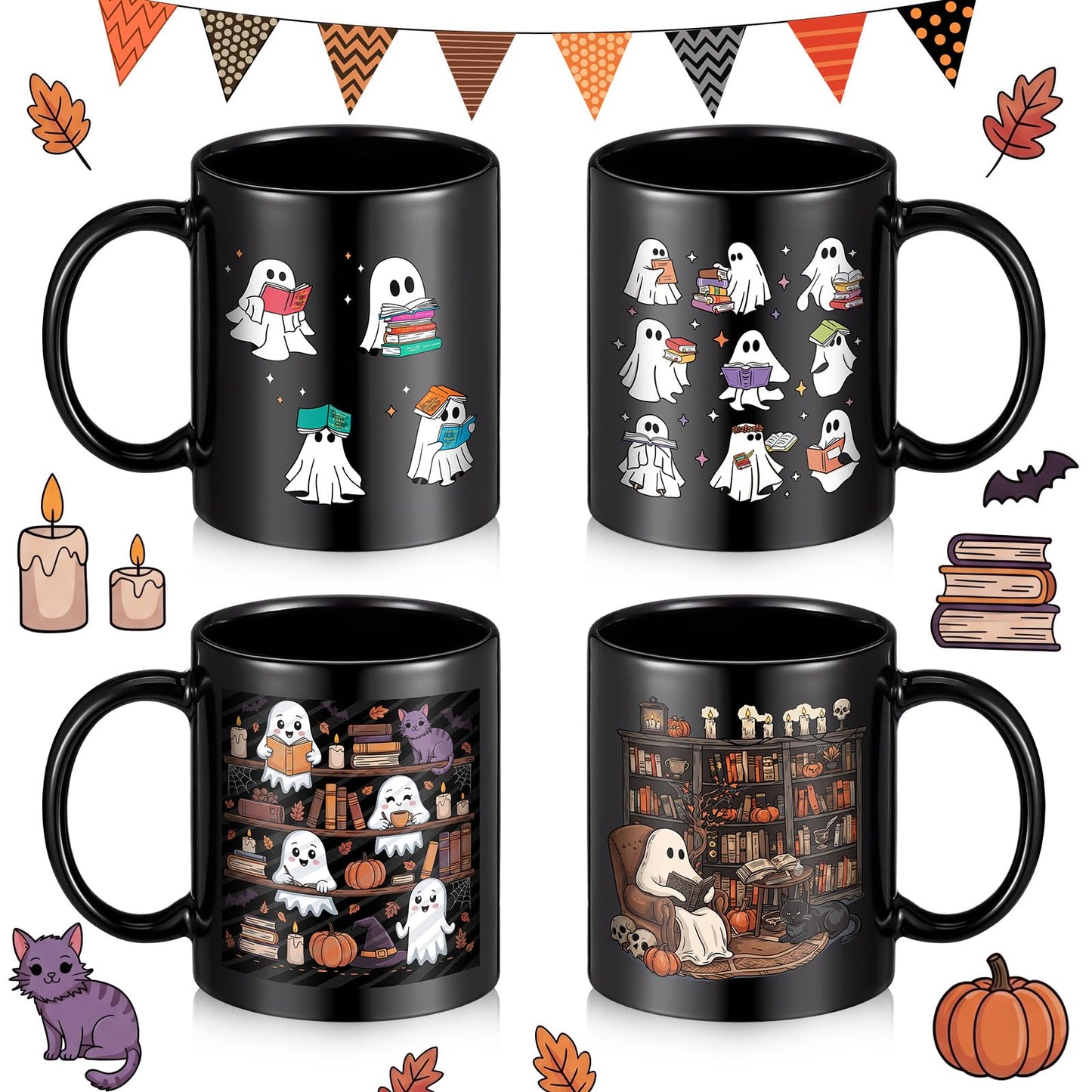 Potchen 4 Pack 12 oz Halloween Coffee Mug Book Lover Coffee Mugs Dishwasher Microwave Safe Porcelain Bookworm Cups Bookish Gifts for Man Women(Ghost Style)