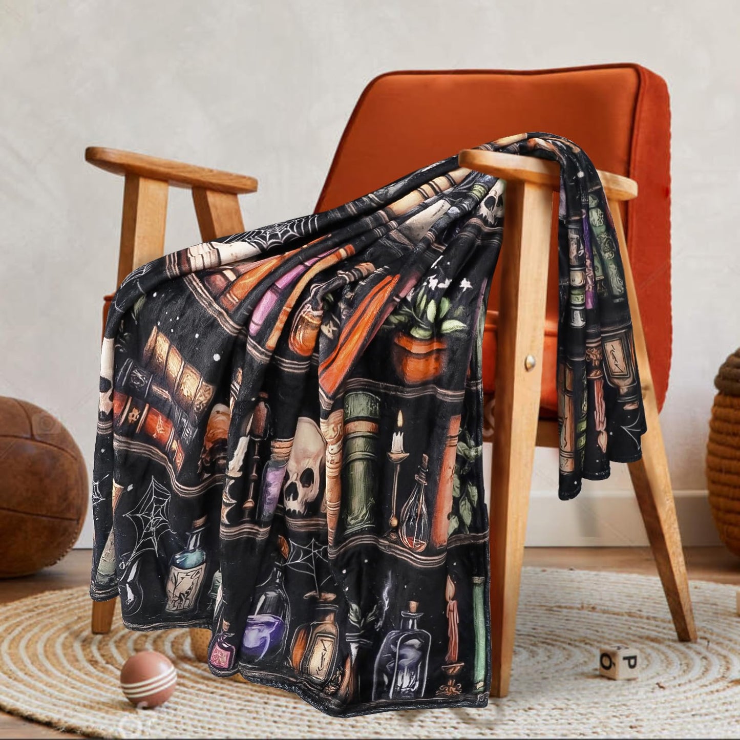 Nqhsionv Halloween Blanket Book Lovers Goth Skull Bookshelf Throw Blanket Gifts for Bookworm,Reader,Reading,Bookclub,Booknerd,Librarian,Bookish,Book Accessories Halloween Decor- 60”X50”