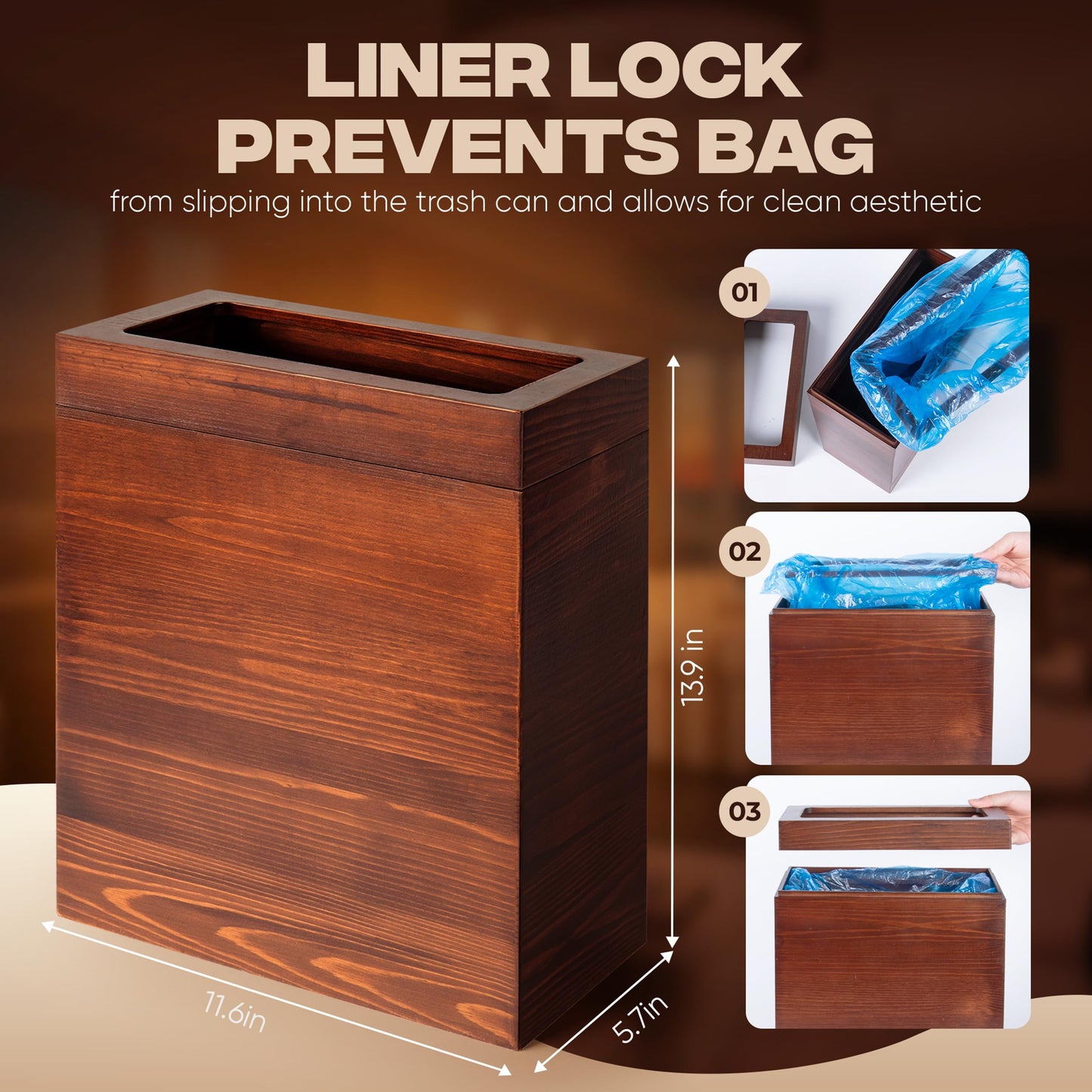 pamoak 2.3 Gallons Rectangular Wooden Trash Can | Trash Can with Bin Liners | Decorative Waste Basket | Recycling Bin for Bathroom | Natural Wood Finish Basket for Kitchen | Paper Basket for Office
