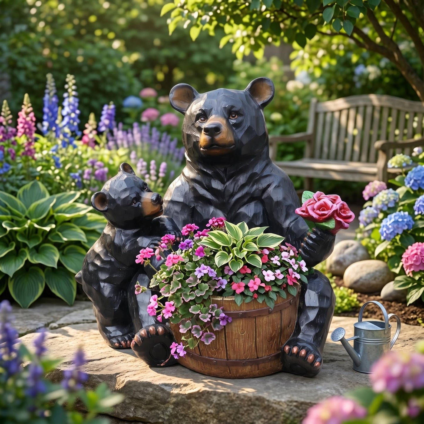 elesculor Black Bear Mother & Cub Garden Statue Planter, Resin Outdoor Flower Pot with Barrel Basket, Decorative Animal Planter for Patio, Yard, Lawn, Cabin Decor