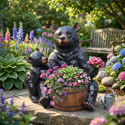 elesculor Black Bear Mother & Cub Garden Statue Planter, Resin Outdoor Flower Pot with Barrel Basket, Decorative Animal Planter for Patio, Yard, Lawn, Cabin Decor