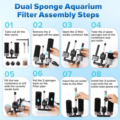 hygger Electric Aquarium Sponge Filter, 5W Quiet Fish Tank Filter Pump with 2 Spare Sponge & Bio Media Balls, Adjustable Outlet Venturi & Rain Mode(L for 29-55 Gal Fish Tank)