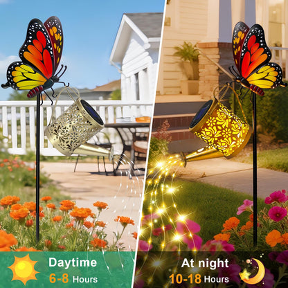yeuago Solar Lights Outdoor Decorative, Watering Can with Cascading LED Lights on Butterfly Shepherd's Hook, Solar Garden Stake Decor for Yard, Mothers Day Gift for Women Mom