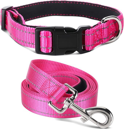 Soft Neoprene Padded Dog Collar and Leash Set for Small Medium Large Dogs, Reflective Durable Nylon Dog Collar with 5ft Leash Easy for Walking, Hot Pink,Neck fit 12.5-19.5’’