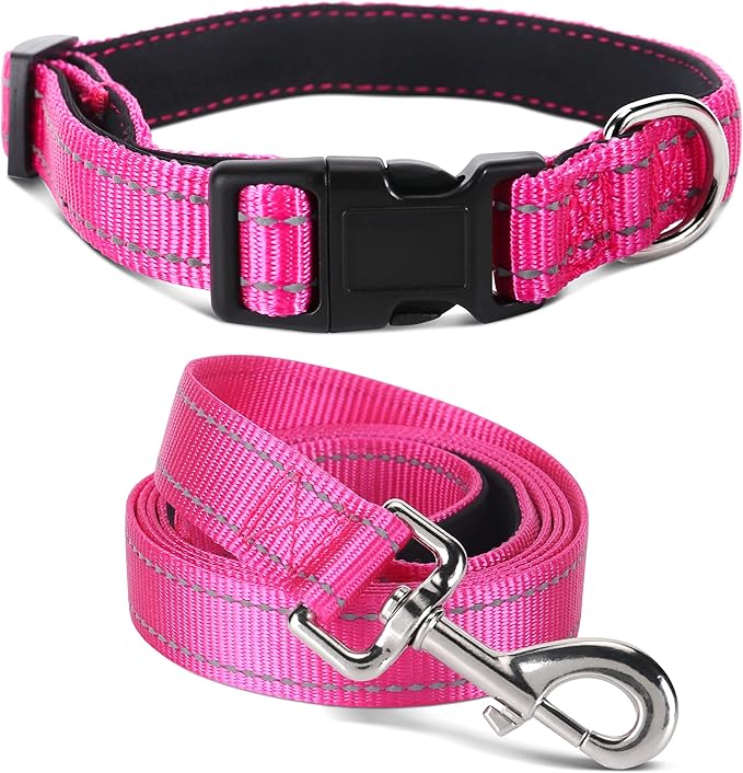 Soft Neoprene Padded Dog Collar and Leash Set for Small Medium Large Dogs, Reflective Durable Nylon Dog Collar with 5ft Leash Easy for Walking, Hot Pink,Neck fit 14.0-23.5’’