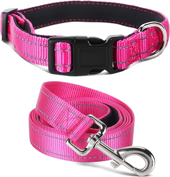 Soft Neoprene Padded Dog Collar and Leash Set for Small Medium Large Dogs, Reflective Durable Nylon Dog Collar with 5ft Leash Easy for Walking, Hot Pink,Neck fit 10.5-15.5’’