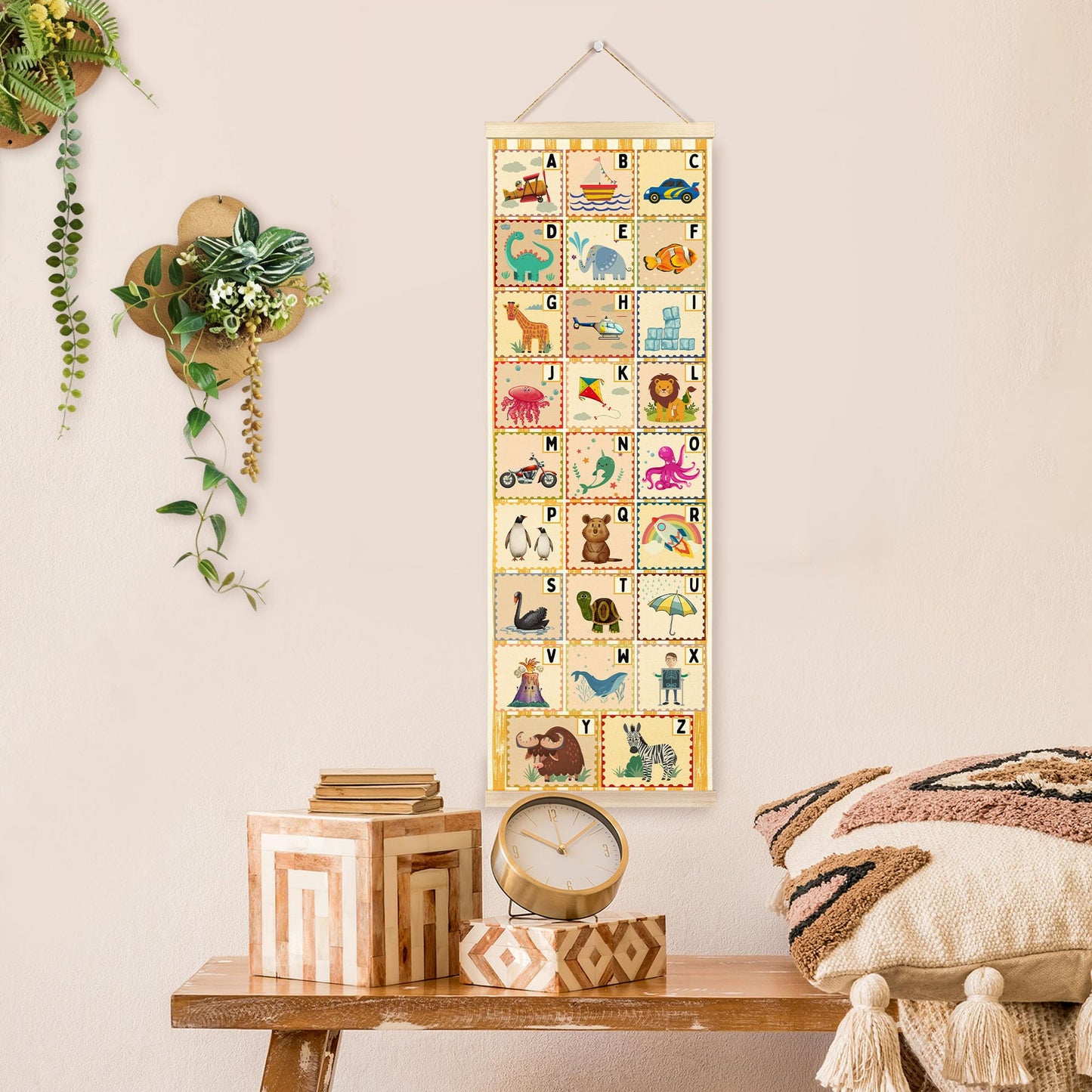 TAEDIN Funny Alphabet Classroom Wall Art Poster Hanger Frame, ABC Learning Educational Wall Art with Wood Frames, Animal Letters Hanging Decor for Kids Toddlers Room Nursery Bedroom, 12x35 Inches