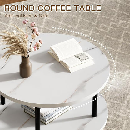 FAMIDGE Round Coffee Table, 23.6" Circle Coffee Table for Living Room, 2-Tier Wood Accent Center Table with Open Storage Industrial Design Home Furniture, White