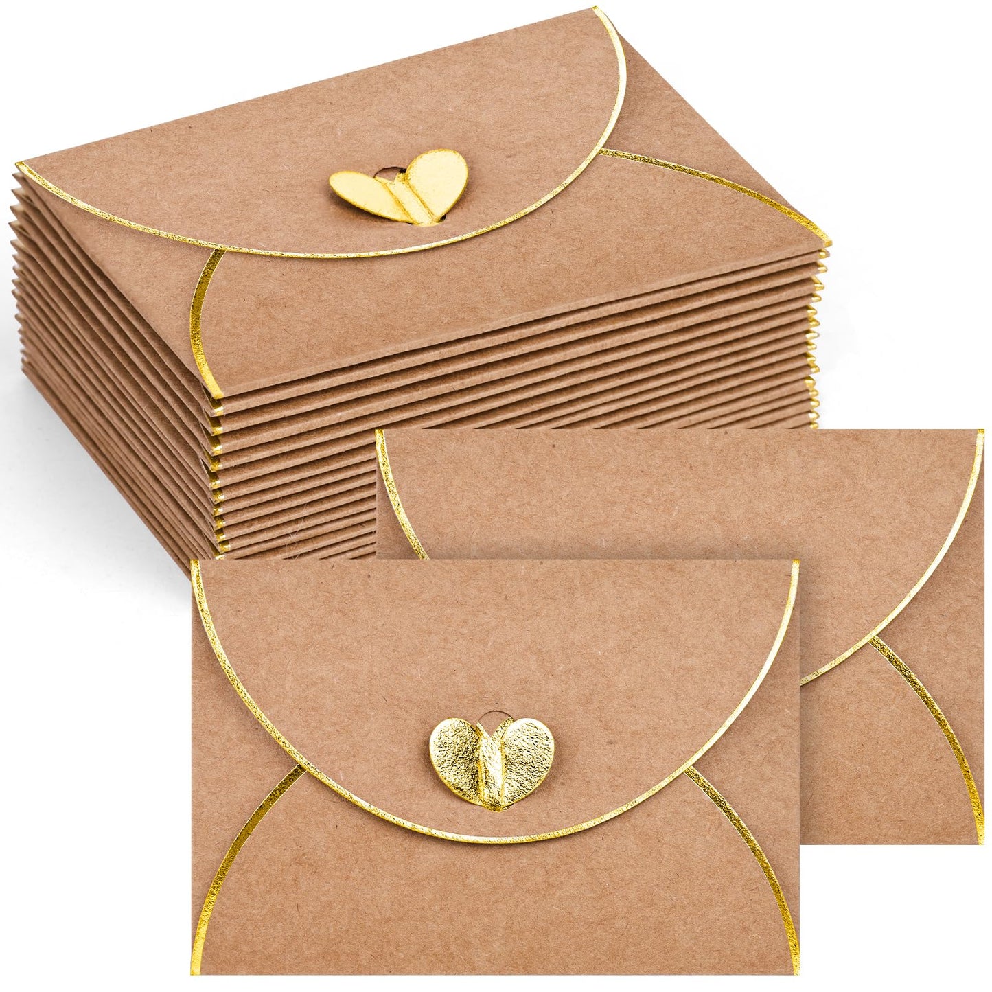 JOHOUSE 50PCS Mini Gift Card Envelopes, 4 x 3 Inch Brown Gift Card Holders with Gold Border & Heart Clasp, for Thank You Cards, Wedding, Birthday, Business Cards