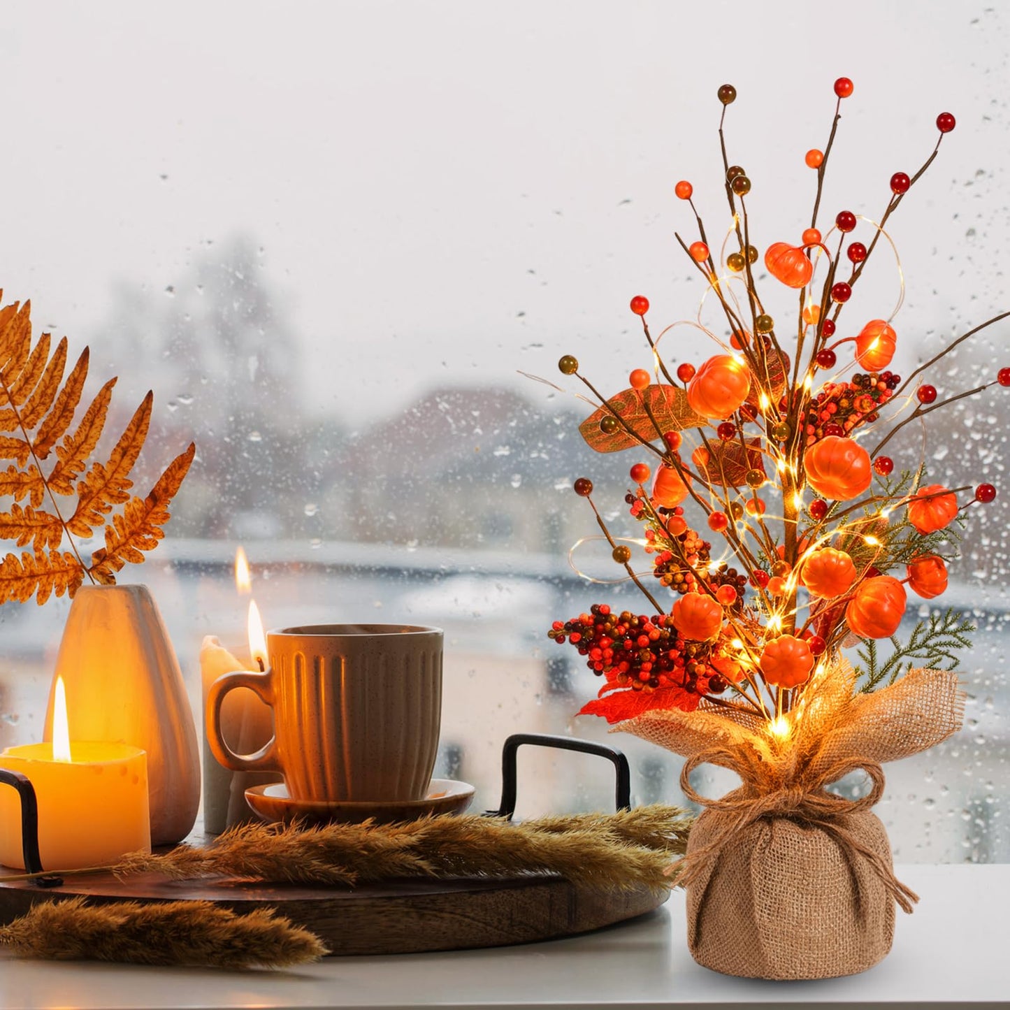 Pinkunn Fall Centerpieces for Tables Decorations 16 Inch Lighted LED Autumn Tree Top with Artificial Pumpkins Berries Leaf Burlap Base Thanksgiving Fall Decor for Home Harvest Office Desk Indoor