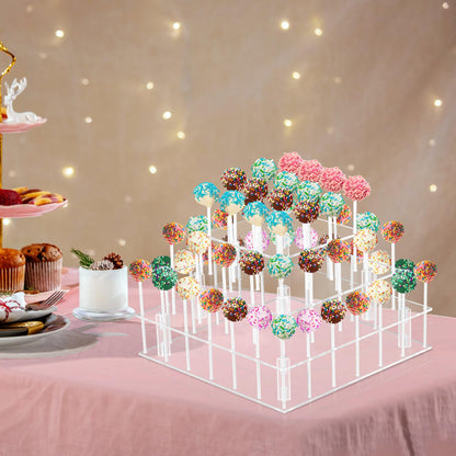 LoveDisplay Cake Pop Stand, 3 Tier Square Lollipop Holder with 300 Pcs Accessories, Clear Acrylic Cakepop Display Stand 56 Holes for Birthday, Wedding, Party, Halloween, Christmas Candy Decorative