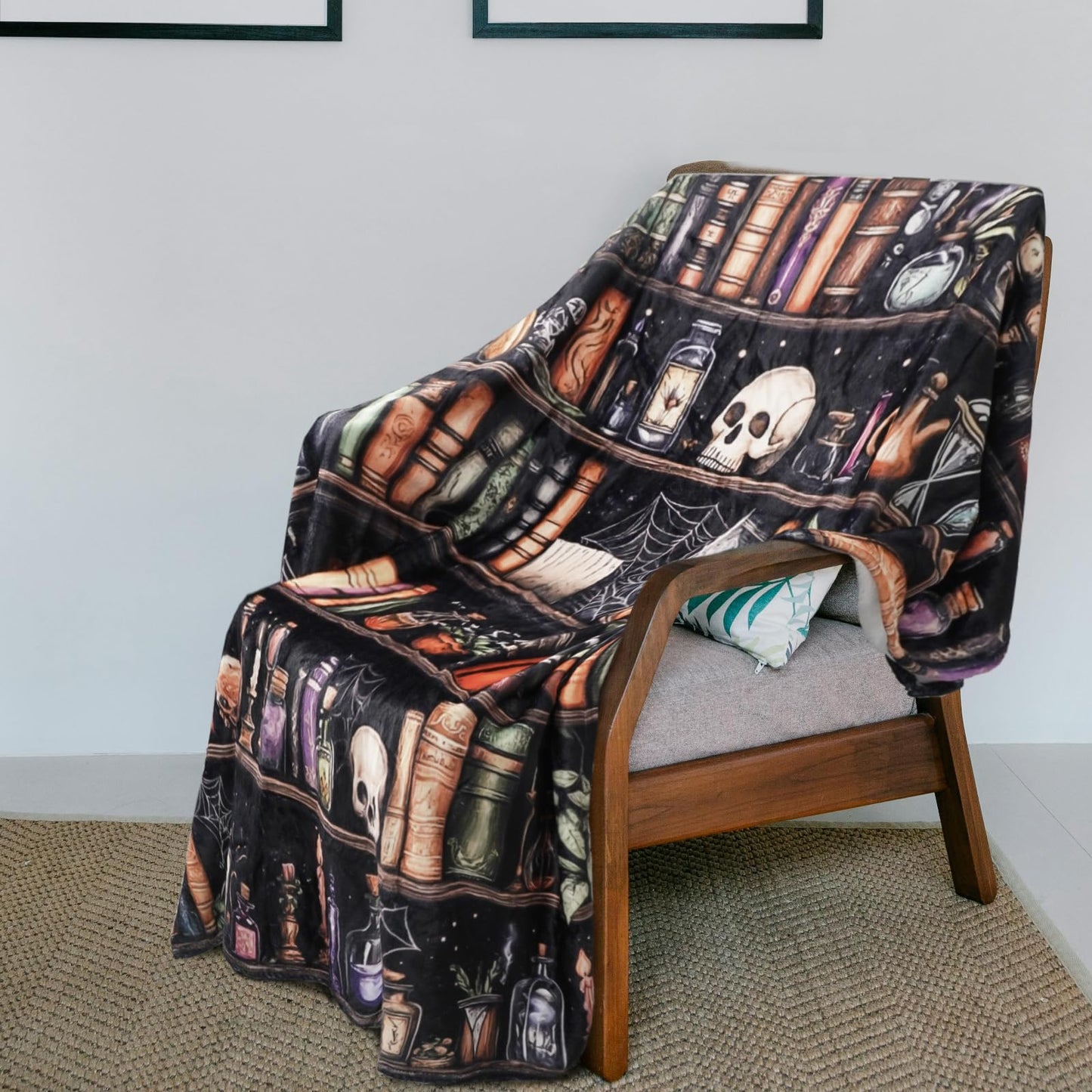 Nqhsionv Halloween Blanket Book Lovers Goth Skull Bookshelf Throw Blanket Gifts for Bookworm,Reader,Reading,Bookclub,Booknerd,Librarian,Bookish,Book Accessories Halloween Decor- 60”X50”