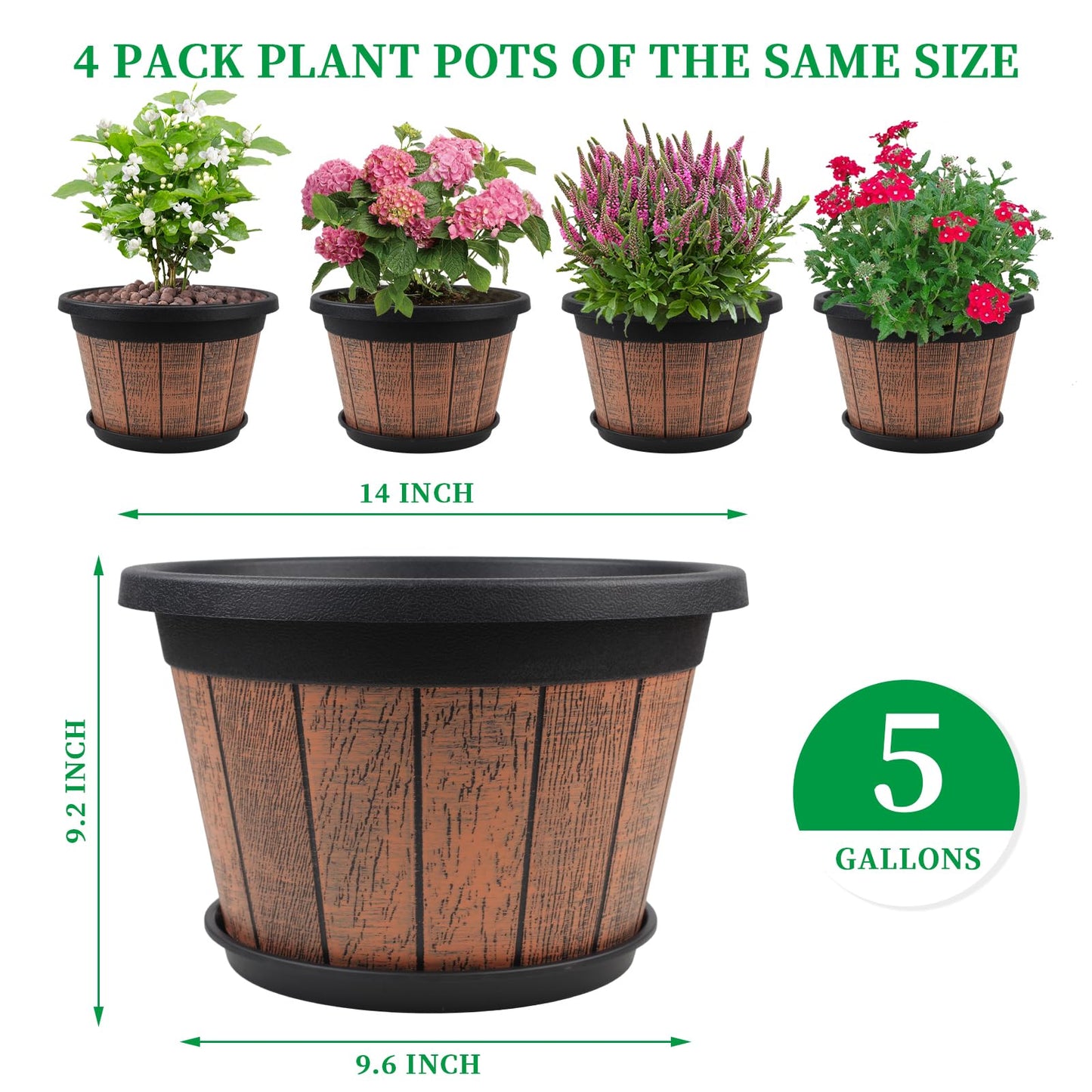 Quarut Large 4 Pack 14 inch Plant Pots,Whiskey Barrel Planters with Drainage Holes & Saucer,Plastic Decoration Flower Pots Retro Design,Planters for Outdoor Indoor Garden Balcony Plants (Brown)