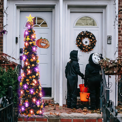 Halloween Tree Decorations with 100LED Lights 5FT Pop Up Tree with Hanging Pumpkin＆12 Pcs Ornaments, Tinsel Collapsible Artificial Pencil Tree Holiday Decoration for Home, Black Purple