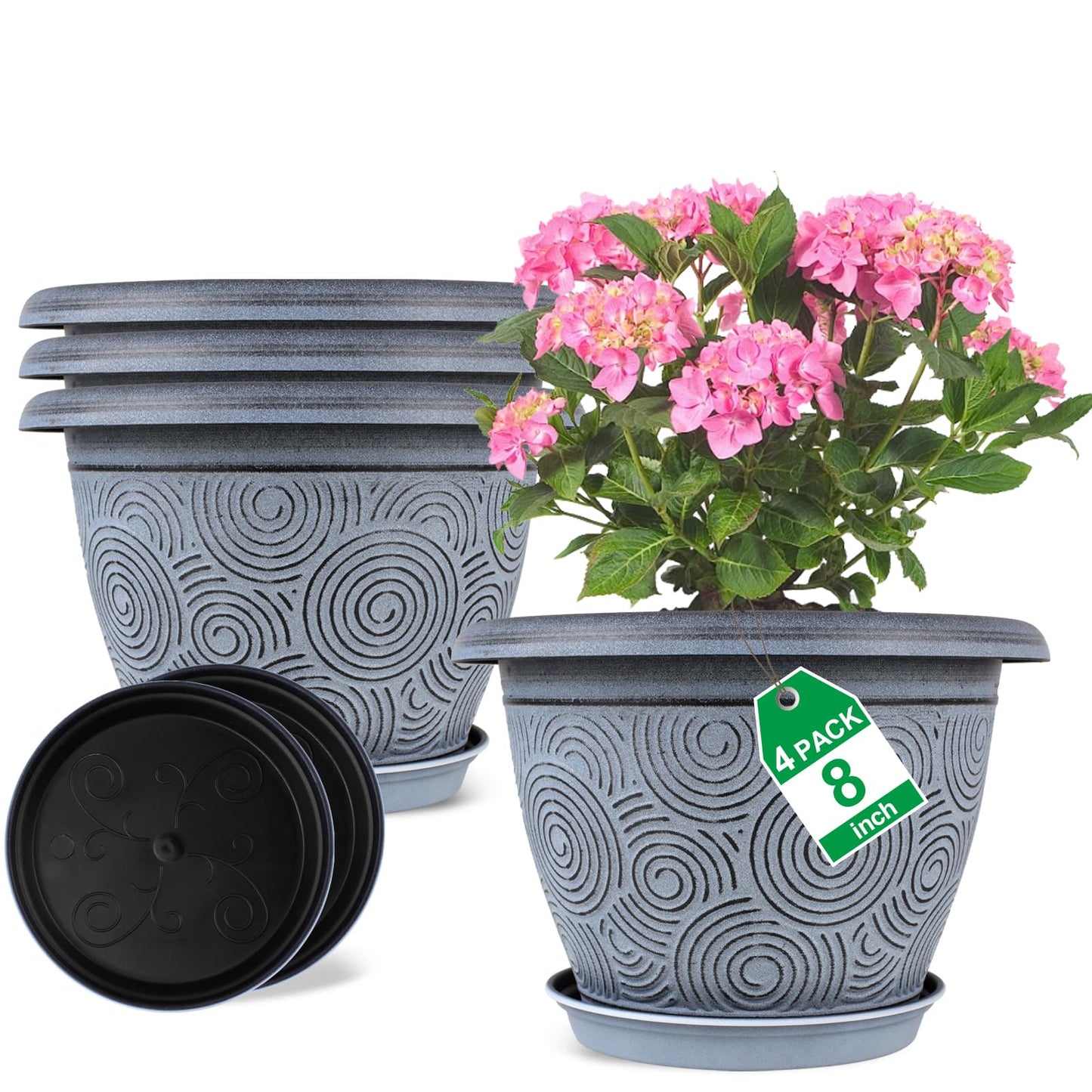 Fodetyff 8 Inch Flower Pots Planters for Indoor Outdoor Plants, 4 Pack Plastic Small Plant Pots with Drainage Hole & Tray, Modern Decorative Garden Pot with Saucer, Plant Container for House