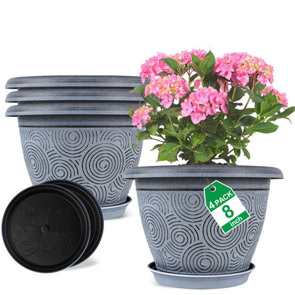 Fodetyff 8 Inch Flower Pots Planters for Indoor Outdoor Plants, 4 Pack Plastic Small Plant Pots with Drainage Hole & Tray, Modern Decorative Garden Pot with Saucer, Plant Container for House