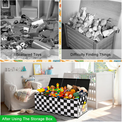 Youyole Extra Large Toy Box Checkered Monster Truck Toy Chest for Boy Girl Kid Collapsible Car Storage Organizer with Lid 40" x 16" x 16" Rectangular Checkered Basket for Living Room Playroom Nursery