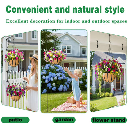 JFFLYIT 4 Pack 14 Inch Hanging Planters for Outdoor Plants Metal Hanging Planter Basket with Coco Coir Liner Round Plant Black Flat Iron Metal Flower Pots for Deck Patio Porch Garden Balcony