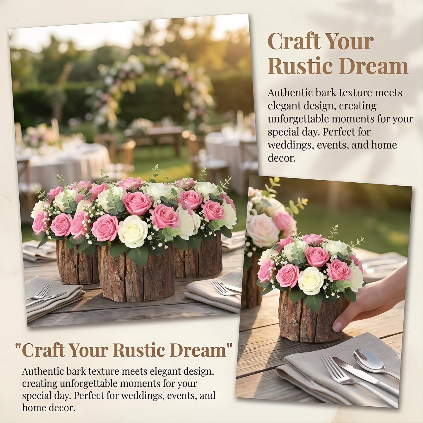 Housoutil Wooden Vase for Centerpieces, 6 Pack Wood Flower Vase Rustic Tree Stump Planter Pots, Wooden Bark Flower Bucket for Wedding, Farmhouse Christmas Table Decor, Round Bark Stump Pots