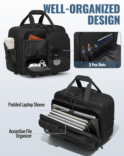 Trahzia Rolling Tactical Messenger Bag, 17.3 Inch Briefcase with Wheels for Men, Wheeled Military Laptop Bag for Work Commute Flight, Black