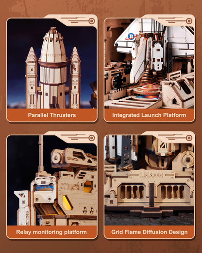 ROBOTIME 3D Space Shuttle Wooden Puzzle for Adults, Dynamic Rocket Launch Model Building Kits with Lights, AS Home Desktop Decoration for Men Gifts (446 Pieces,8 Hours Finished)