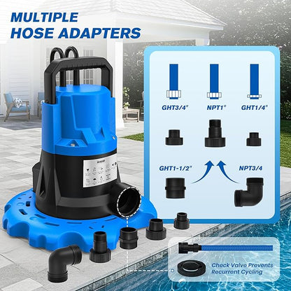 1 HP Automatic Pool Cover Pump 5000 GPH - Submersible Water Removal Pump with 26ft Power Cord & 3/4” Check Valve for Pool, Hot Tubs, Rooftops, Water Beds and more (2026 Upgrade）