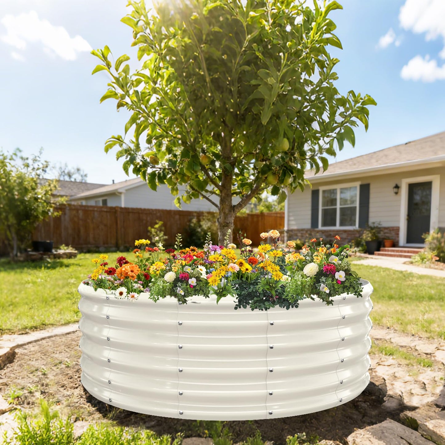 YSEJOMP 17" Tall Round Outdoor Garden Raised Garden Bed Kits-0.8MM Thick Metal Raised Planter Bed/Ground Planter Box for Variety of Flowers,Herbs,Vegetables,Trees (Cream White, 48 Dia X 16.5inches)