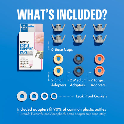 Flip-It! Bottle Emptying Kit – 6 Bottle Pack - No more wasted product - Fits most plastic bottles – 6 Base Caps, 6 Adapters – Pastel Color Edition