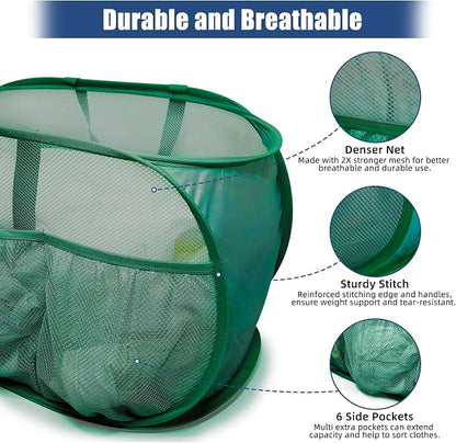 Collapsible Laundry Baskets, Upgrade Pop Up Laundry Hamper with Convenient Bags, Foldable Laundry Basket Mesh Light Weight, Easy to Carry Clothes Hampers for Laundry, Dorm, Toys, Travel Green