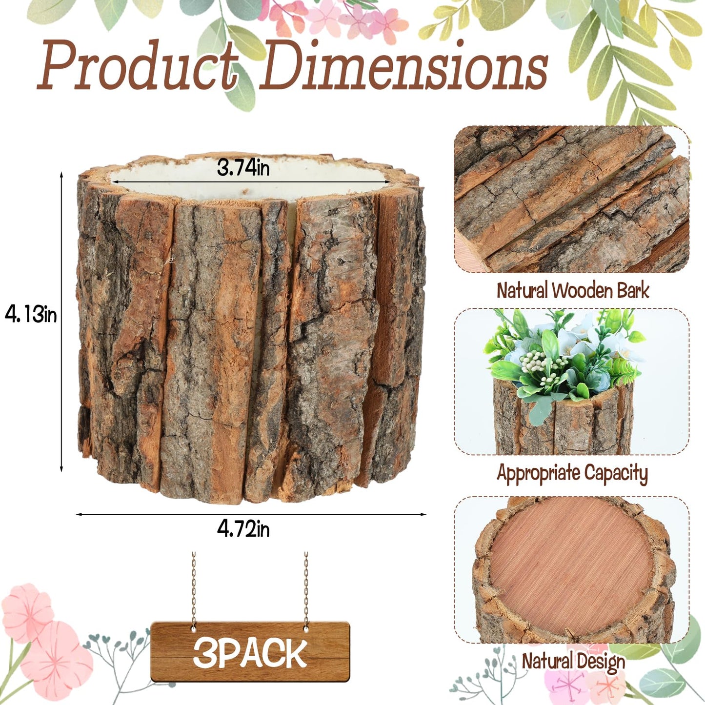 AIHSUMC 3 Pcs Wooden Vase for Centerpieces, 3.9 in Bark Vase Rustic Wooden Bark Flower Pots Country Style Stump Bucket Planter for Woodland Party Wedding Window Home Farmhouse Table Decor