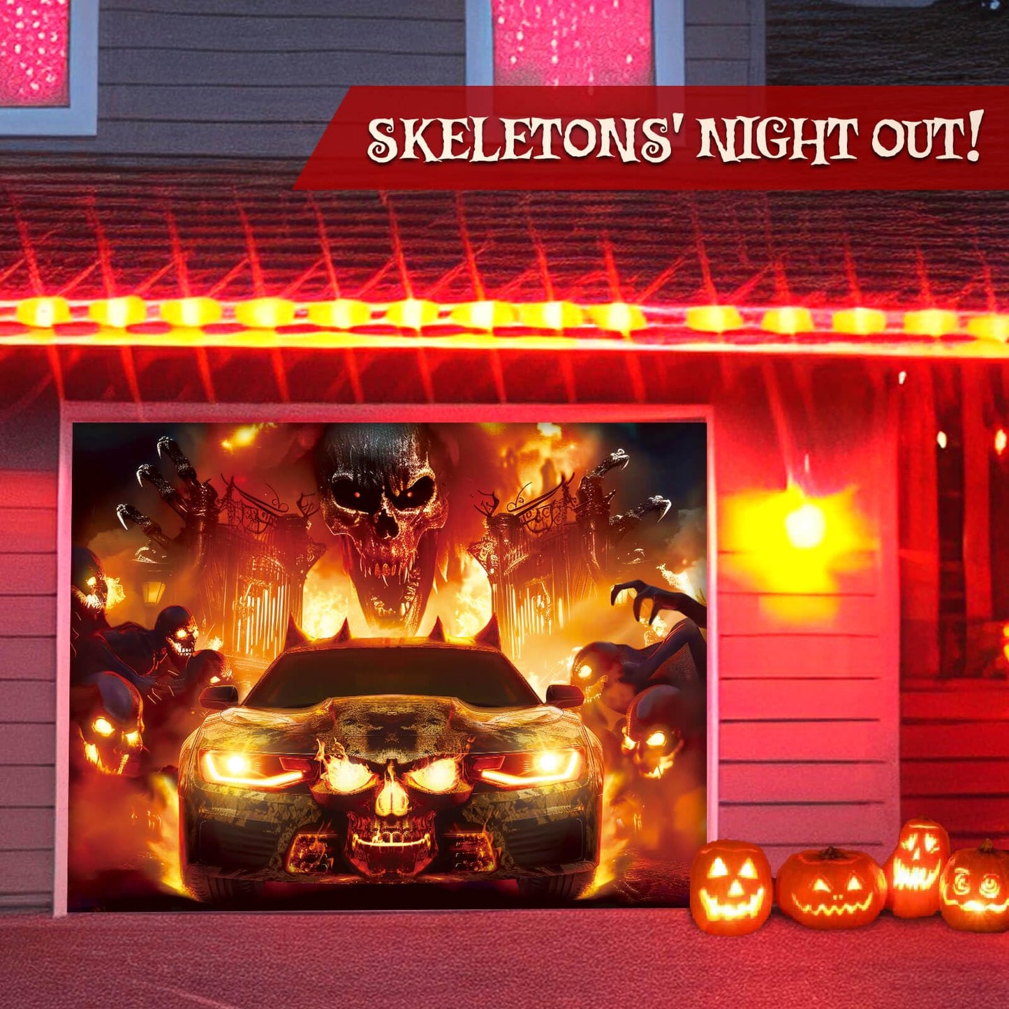 YUSPENYE Halloween Garage Door Decorations with Skull & Fire Vehicle Design, Durable Halloween Garage Door Banner for Single Garage Doors 7x9 ft, Outdoor Party Backdrop