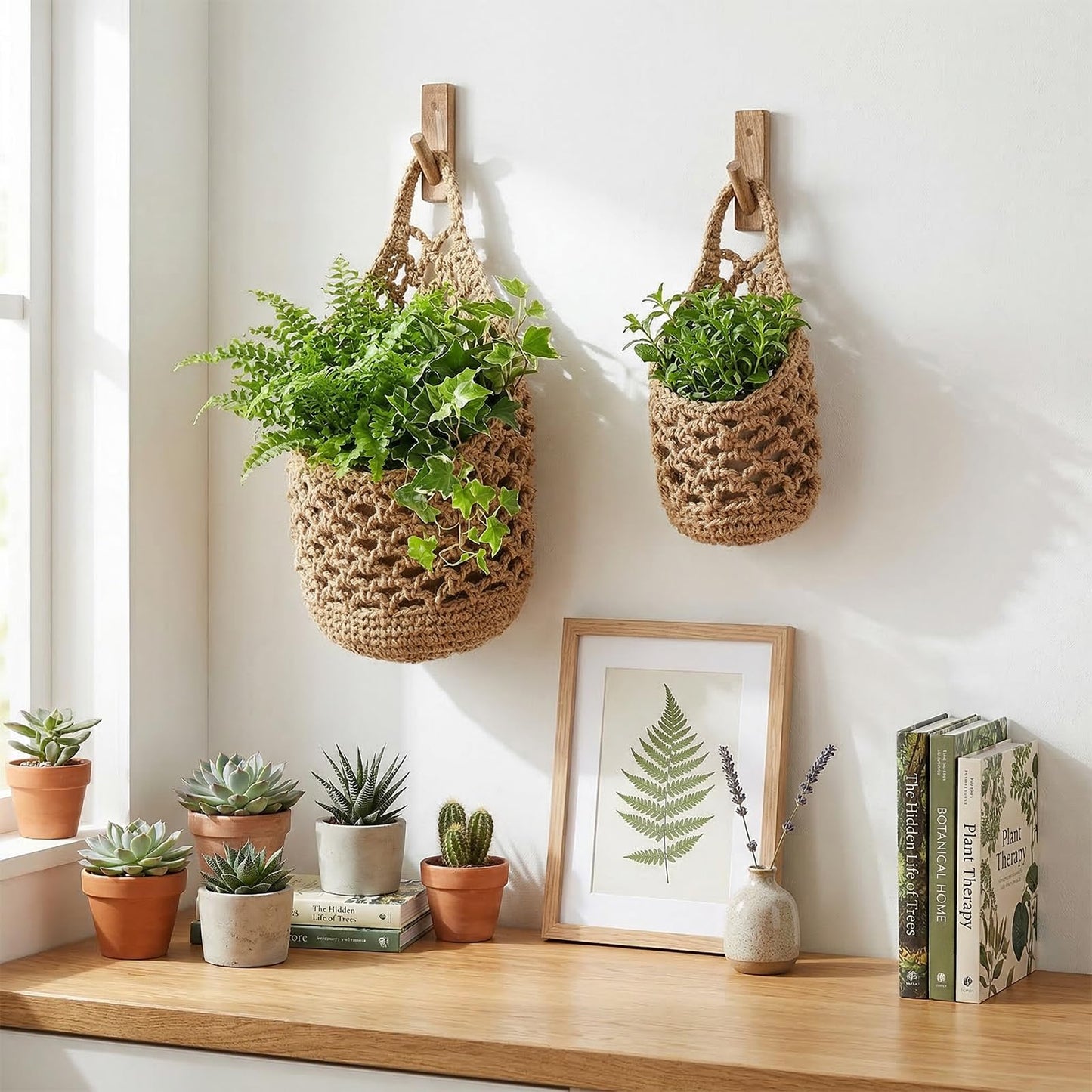 Leooomap 6 Pcs Macrame Hanging Planter Set - 3 Small (5.3"x9") & 3 Mini (4.3"x7.9") Boho Wall Mounted Cotton Baskets for Indoor Plants, Linen Color, Plants & Pots Not Included