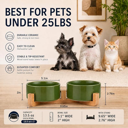 Petygooing Ceramic Dog Cat Bowl Set with Stand, Pet Food and Water Dishes,Medium Pet Bowl Anti -Slip Set of 2 Cat Dish-Pet Food Bowls Small Medium Size Dog (28OZ/6.1 in) Rust Green