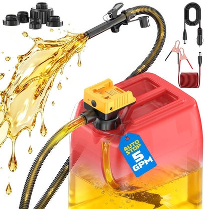 DIYtoolifz 5 GPM Cordless Fuel Transfer Pump with Auto Shut-Off & Beep Alert, Compatible with DeWalt 20V & Milwaukee 18V Batteries, Gas Can Pump for Gasoline/Diesel, 51" Hose & 5 Adapters (Bare Tool)