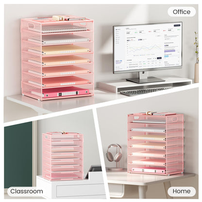 Lavatino 2 Pack 8-Tier Office Desk File Organizer, Letter Tray Paper Organizer with Handle, Including 5 Adjustable Slide Trays for Organizing Desk Workspace Accessories and Supplies (Pink Mesh)