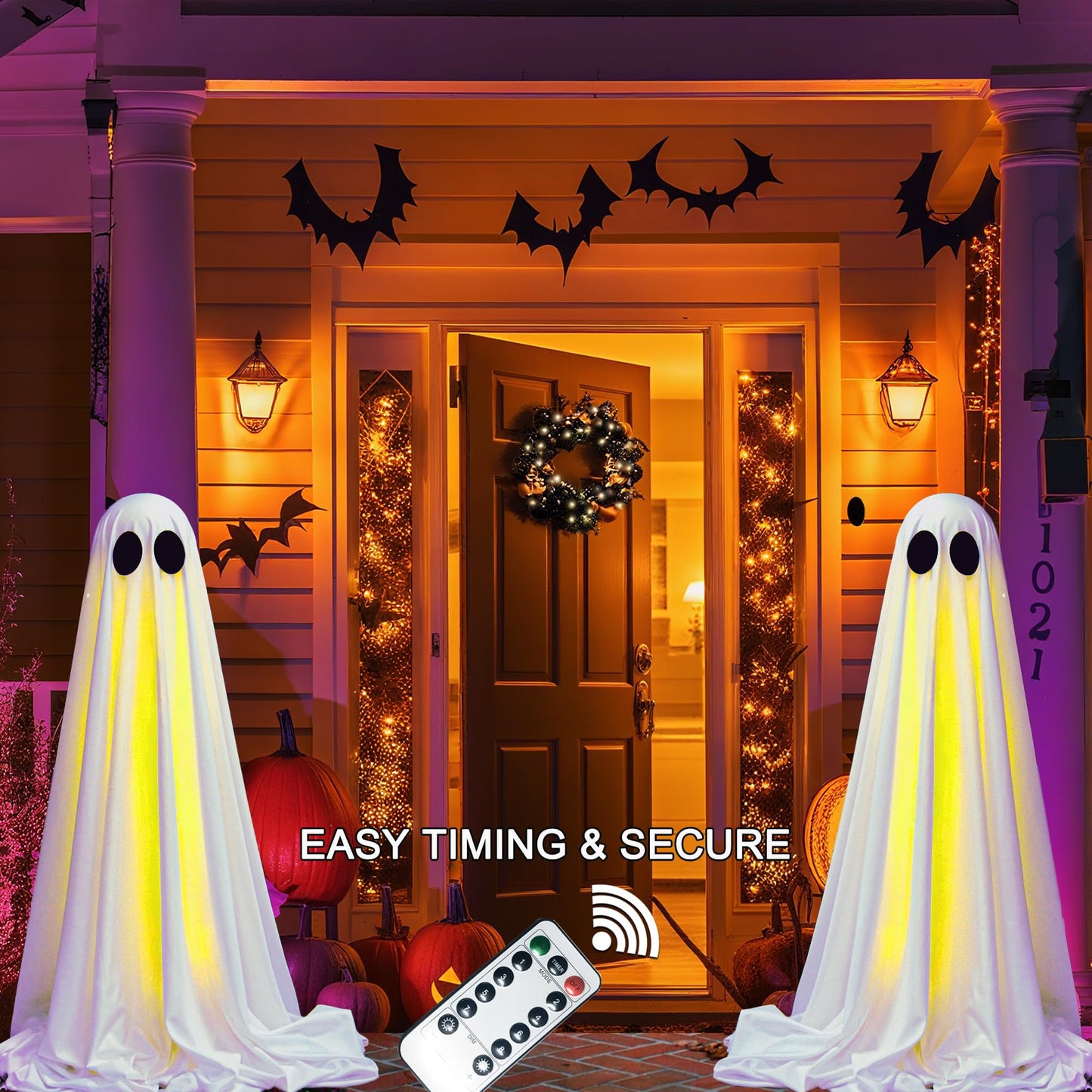 VersaCharm Halloween Ghost LED String Lights Decor Indoor/Outdoor Light Up Spooky Decoration with Remote Control for Yards, Porch, Gardens, Lawn & Party White 2 Packs