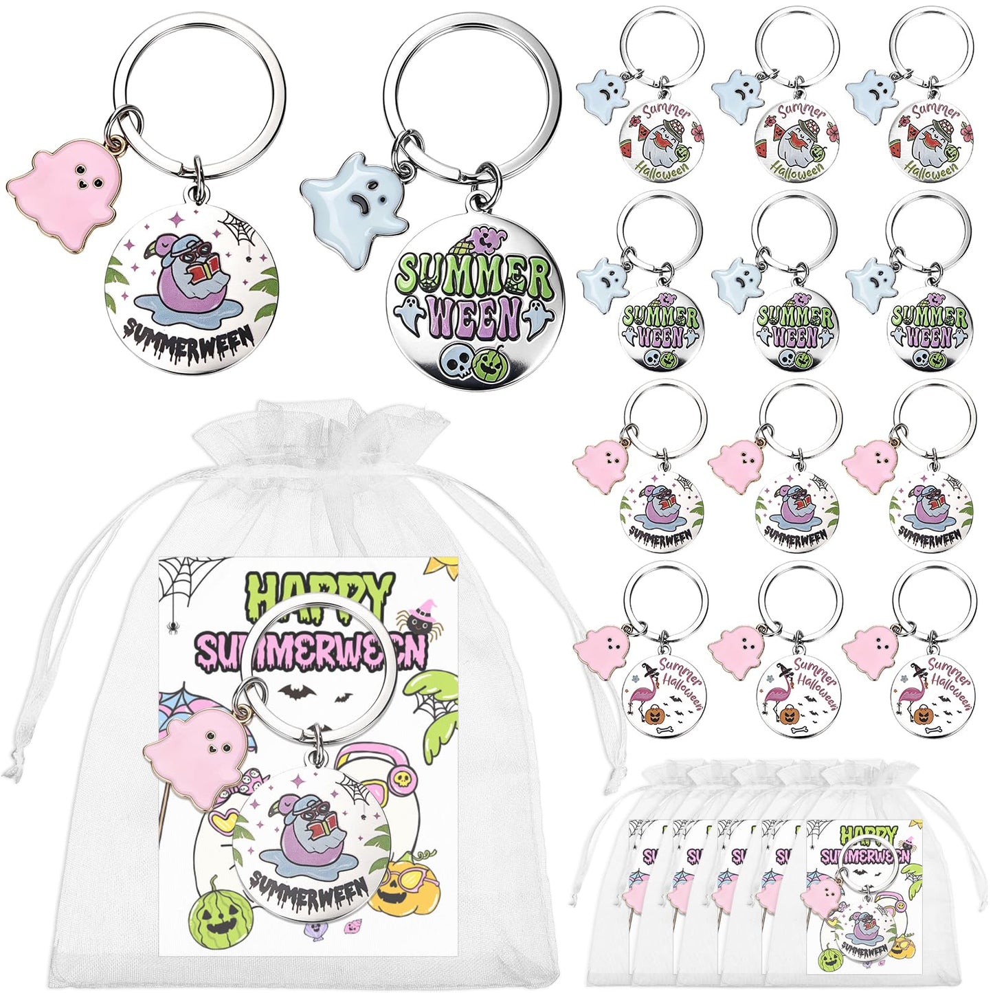 12 Sets Summerween Party Decor Gifts Summerween Ghost Keychain with Cards Organza Bags Summer Halloween Theme Party Favor Keyring for Guests Coworkers Tropical Beach Pool Hawaiian Spooky Party Supply