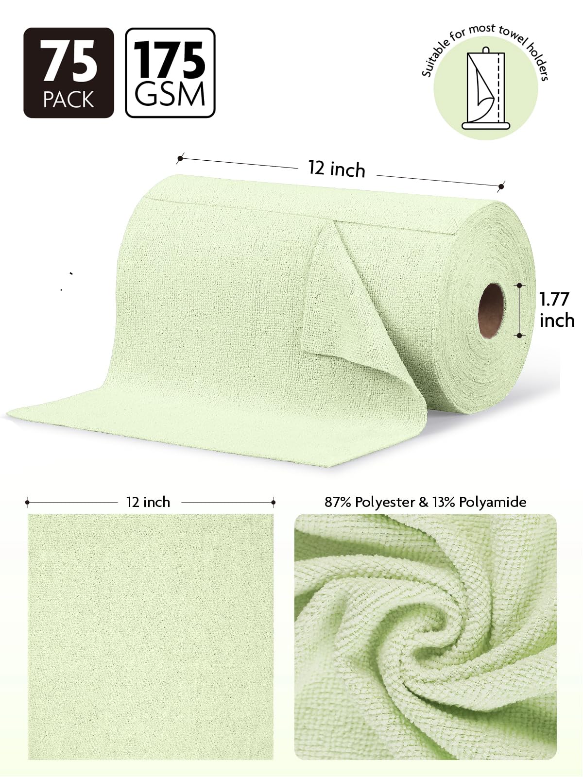 Fantasticlean Microfiber Cleaning Cloth Roll -75 Pack, Tear Away Microfiber Towels, 12" x 12", Reusable, Washable, Scratch Free, Ultra Absorbent Dishcloth for All-Around Cleaning Supplies (Green)