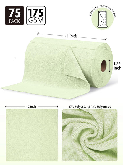 Fantasticlean Microfiber Cleaning Cloth Roll -75 Pack, Tear Away Microfiber Towels, 12" x 12", Reusable, Washable, Scratch Free, Ultra Absorbent Dishcloth for All-Around Cleaning Supplies (Green)