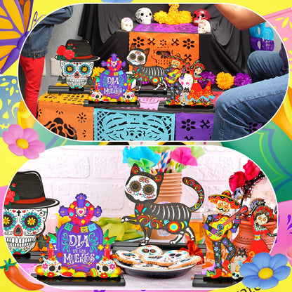 HOWAF 4PCS Day of The Dead Table Decorations,Wooden Mexican Dia De Los Muertos Altar Centerpiece with Sugar Skull Dancing Ghost Skeleton Couple Skeleton Cat Altar for Day of The Dead Alter Decor