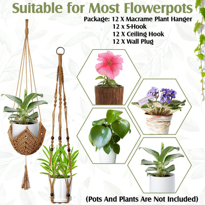Hoteam 12 Pcs Macrame Plant Hangers Macrame Hanging Planters for Indoor Plants Handmade Boho Hanging Baskets Flower Pots Holder for Outdoor Home Wall Decor(Brown)