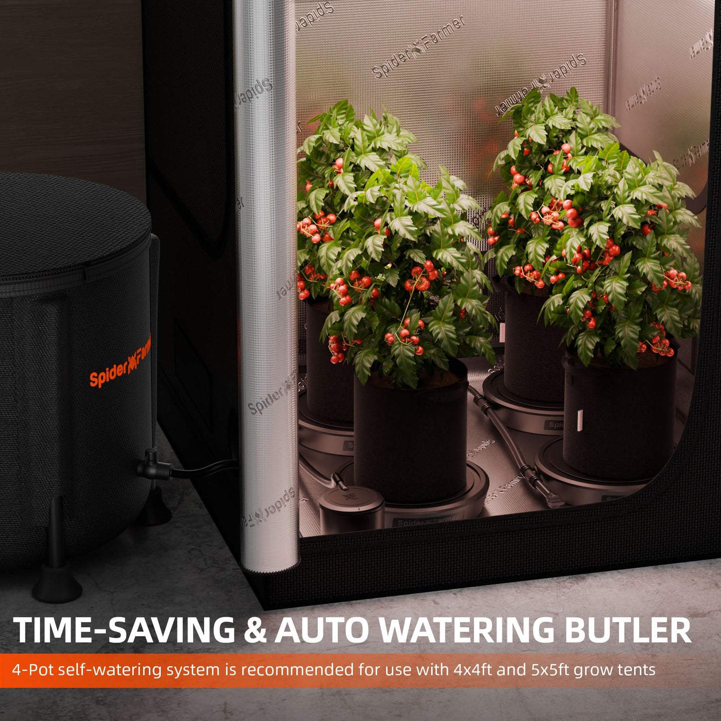 Spider Farmer Gravity-Fed Self-Watering System, 4-Pack Auto Watering System with 13 Gallon Reservoir, 4 Fabric Pot Base for Indoor Plants, Grow Tents, Greenhouses