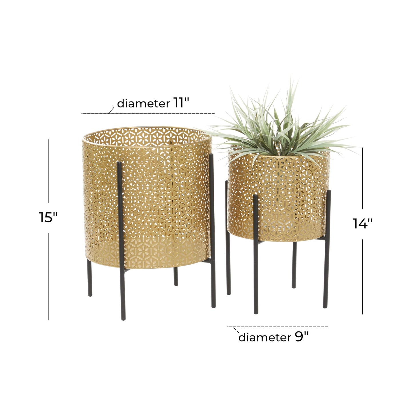 CosmoLiving by Cosmopolitan Metal Indoor Outdoor Planter Floral Cutout Small Planter Pot with Removable Stand, Set of 2 Planters 15", 14"H, Gold