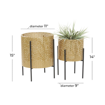 CosmoLiving by Cosmopolitan Metal Indoor Outdoor Planter Floral Cutout Small Planter Pot with Removable Stand, Set of 2 Planters 15", 14"H, Gold